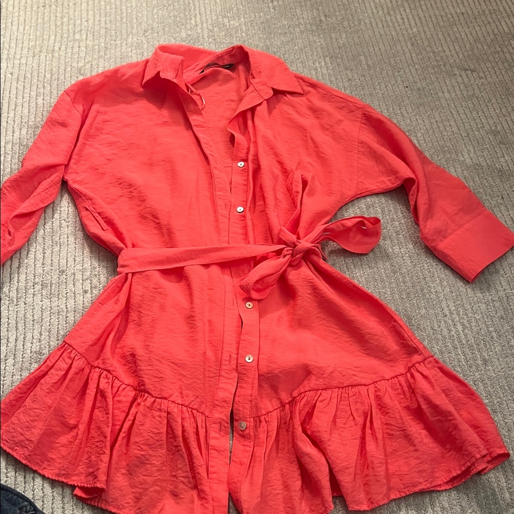 Zara pink Button-Up Dress with Ruffle Hem